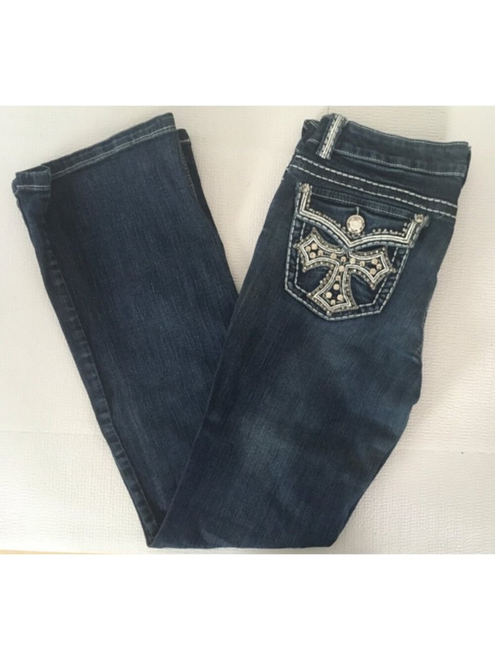 Miss Chic Jeans Size 13 Blue Embellished Mid rise Bootcut Cross Pockets - Picture 6 of 15